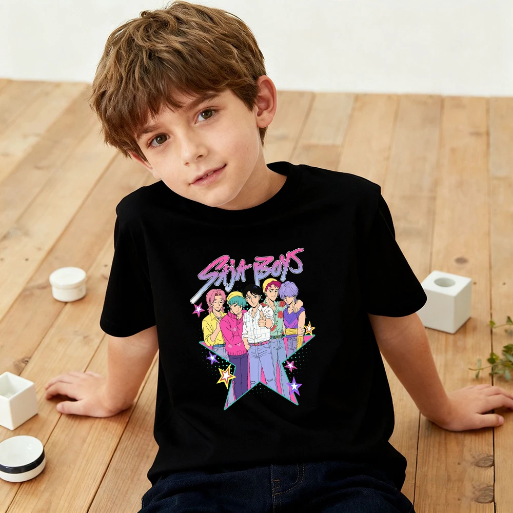 Kaos Anak Laki-laki Kartun Demon Hunters Saja K-pop 2025 Terbaru, Kerah Bulat, Motif Cetak, Fashion Kasual, Atasan Anak, Pakaian Anak