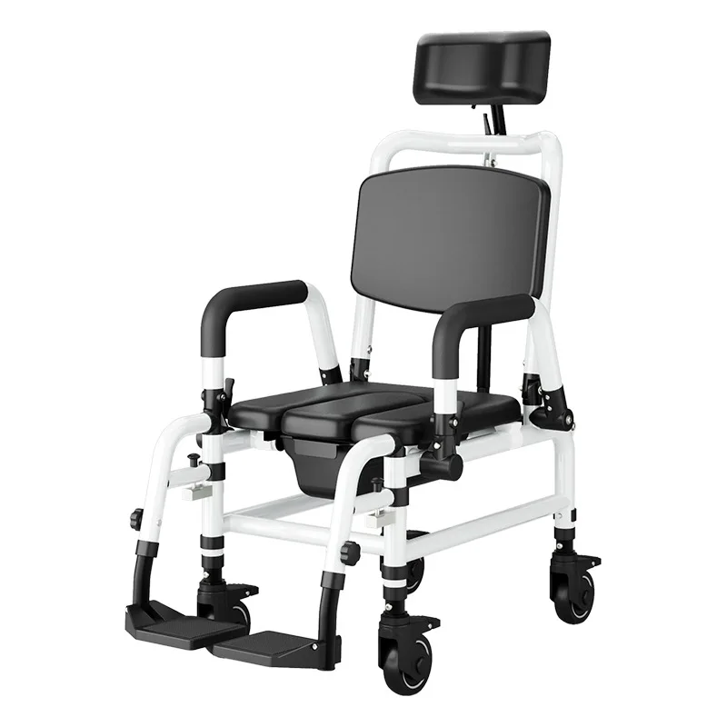Mobile Wheeled Commode Shower Chair with Headrest, Multifunctional Rolling Toilet Seat