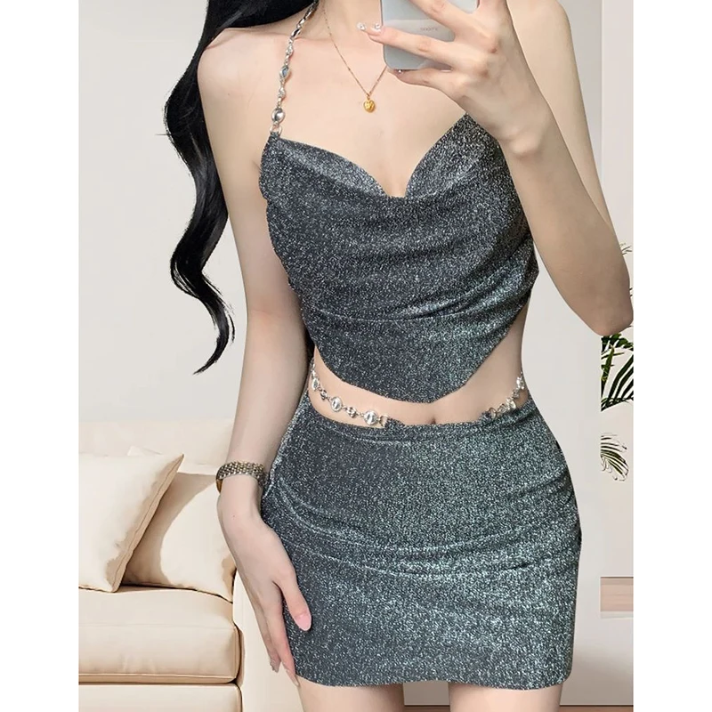 Sexy Bikini Skirt Sets Women Spliced Diamond Halter Crop Top High Waist Mini Skirts Swimwear 2025 New Y2k Fashion 3 Piece Sets