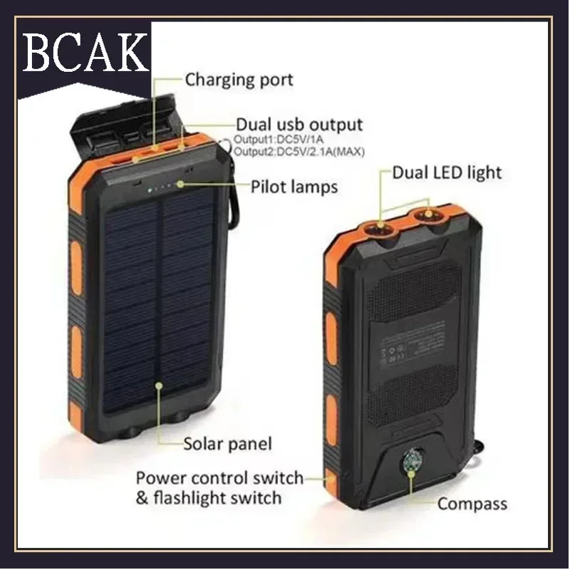 200000mAh  Large Capacity Solar Power Bank New Portable With Lanyard Compass External Battery Outdoor Camping Charging Powerbank