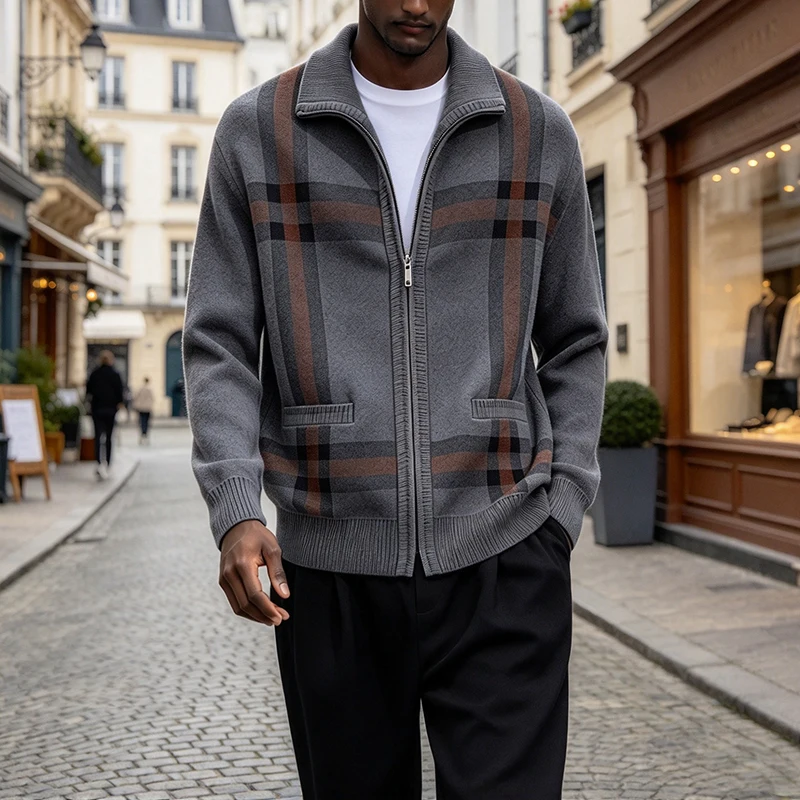2026 Autumn Plaid Pattern Mens Knitted Cardigan Daily Outdoor Zipper Warm Tops For Male Streetwear Vintage Business Casual