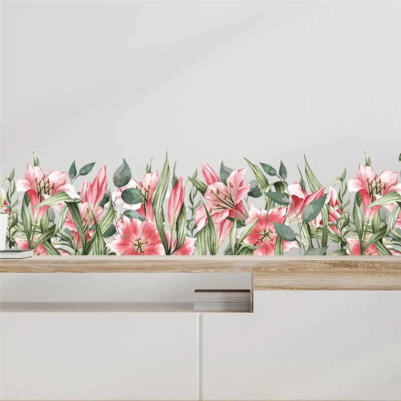 Pink Lily Flowers Wall Stickers For Living Room Bedroom Baseboard Decoration Diy Pastoral Mural Art Home Decals Plant Posters