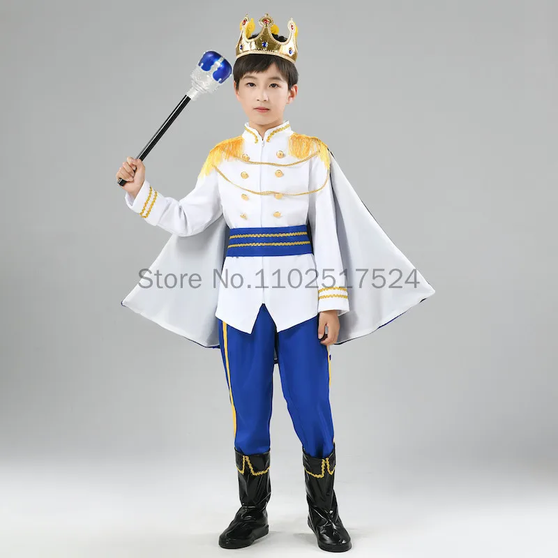 7pcs Set Kids Prince Costume Children Deluxe Medieval King Jacket With Cape Pants Crown Mace Suit Boys Halloween Party Costumes