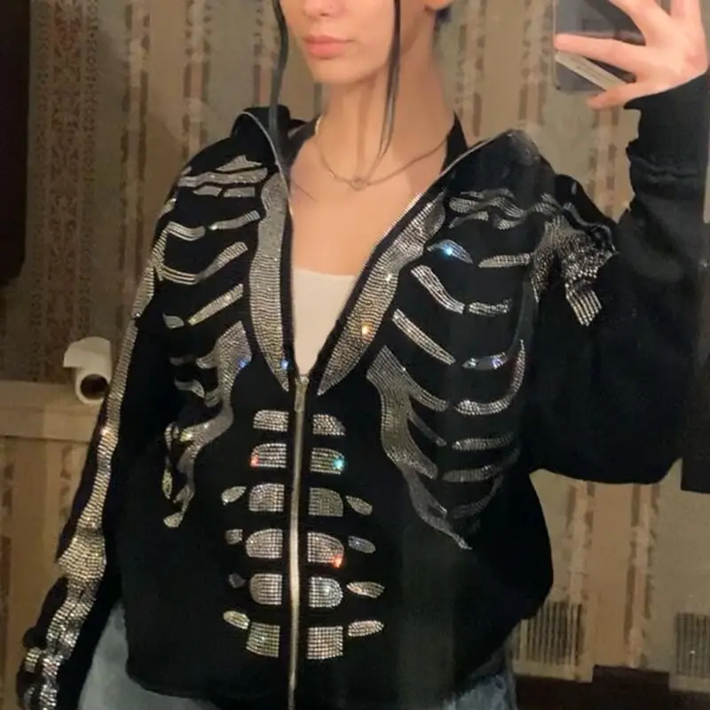 

Sequins Rhinestone Skeleton Women Long Sleeve Hooded Zipper Cardigan Sweatshirt Fall Winter Halloween Party Punk Loose Clothing