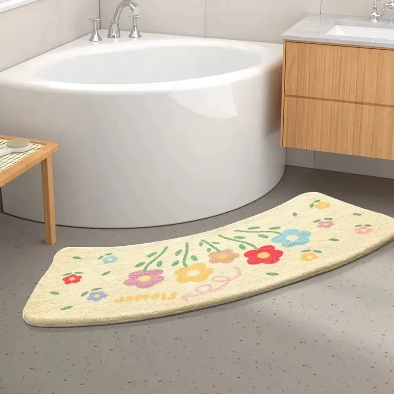 VIKAMA Floral Curved Shower Mat, Soft Absorbent Arc Bath Rug, Non-slip Washable Bathroom Floor Mat For Home Decor