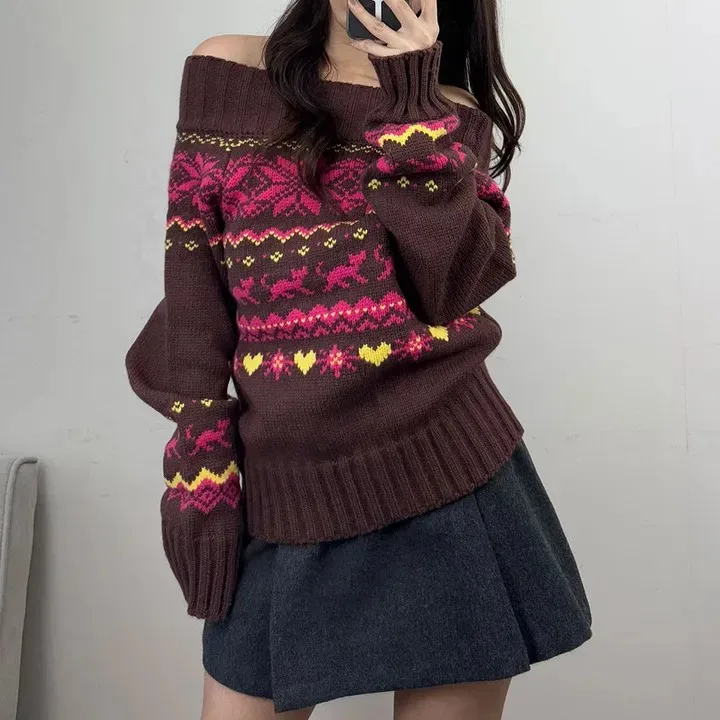 Dames Herfst Winter Chic Retro Fair Isle Knit Eén schouder ow off oulder High ade Sensation Super goed uitziende top