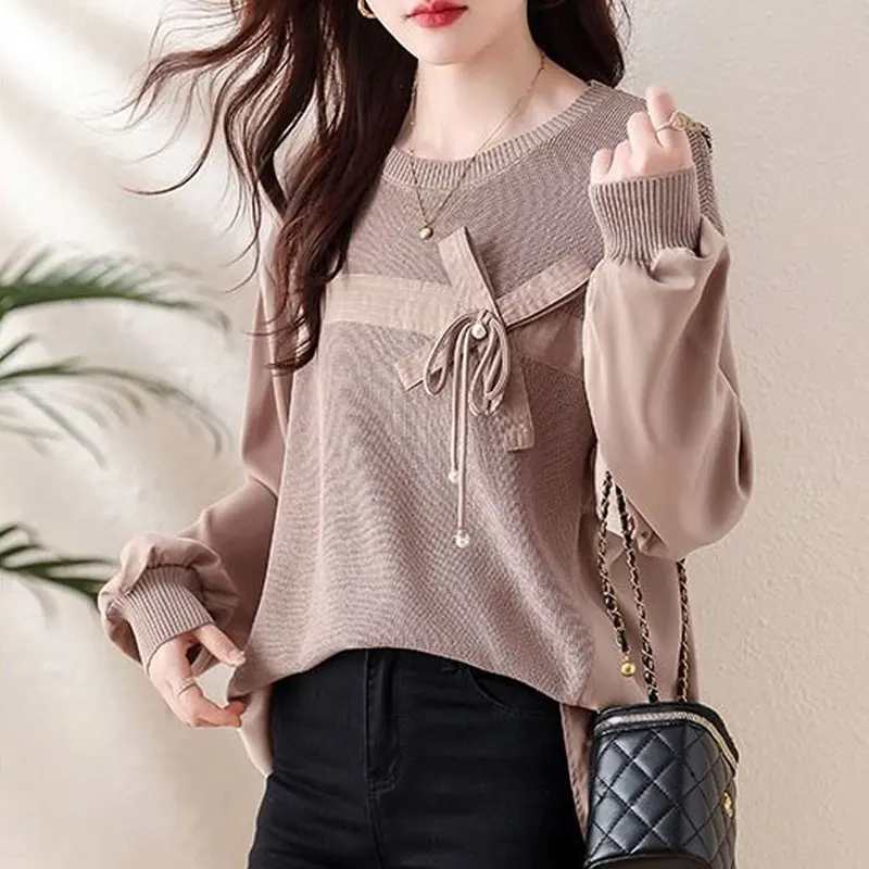 Spring Autumn Fashion Knitted Spliced Blouse Casual Round Neck Women\'s Clothing Korean Bow Drawstring Vintage Long Sleeve Shirt