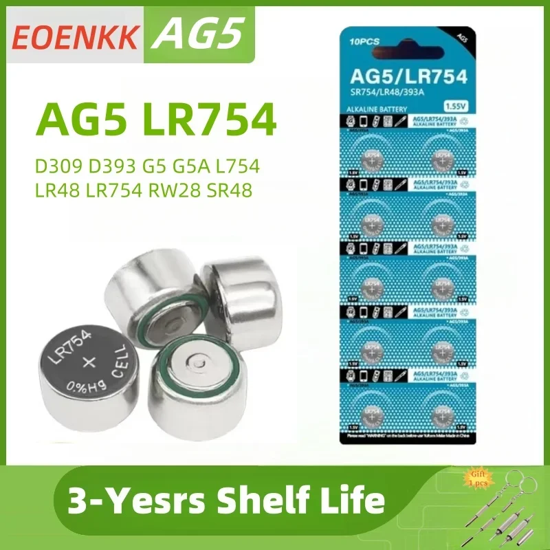 

2-50PCS AG5 LR754 1.55V Battery D309 D393 G5 G5A L754 LR48 LR754 RW28 SR48 Button Coin Cell For Watch Toy Remote Control