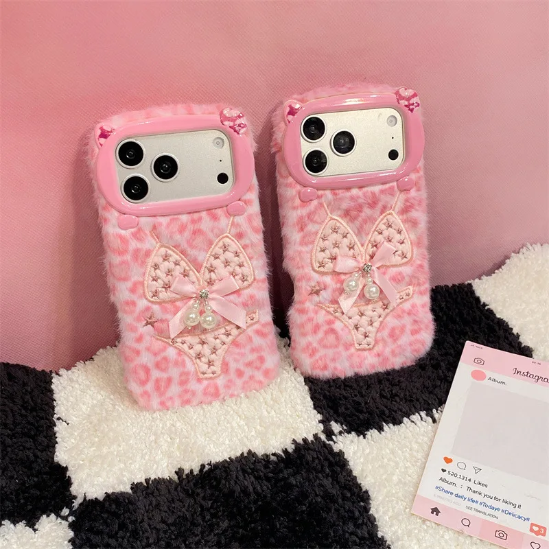 Luxury Leopard Print Bikini Pattern Plush Phone Case For iPhone 17 Air 16 15 14 13 12 11 Pro Max With Lanyard Shockproof Cover view 4