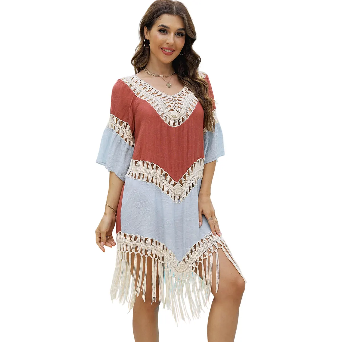 

Red Blue Patchwork Women Bikini Cover Up Hand Crochet Hollow Out Midi Beach Dress Backless Tassels Color Ball Back Beachwear
