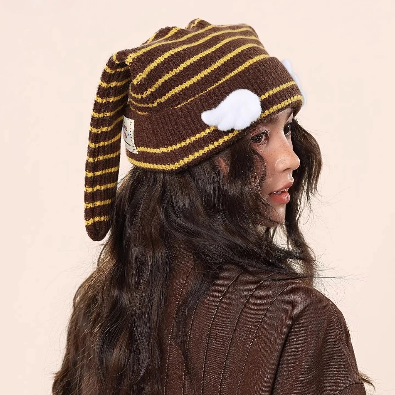 لطيف ثلاثية الأبعاد الجناح تصميم المتناقضة اللون مخطط قبعات منسوجة للنساء شتاء دافئ تنوعا شخصية آذان طويلة Y2K بيني