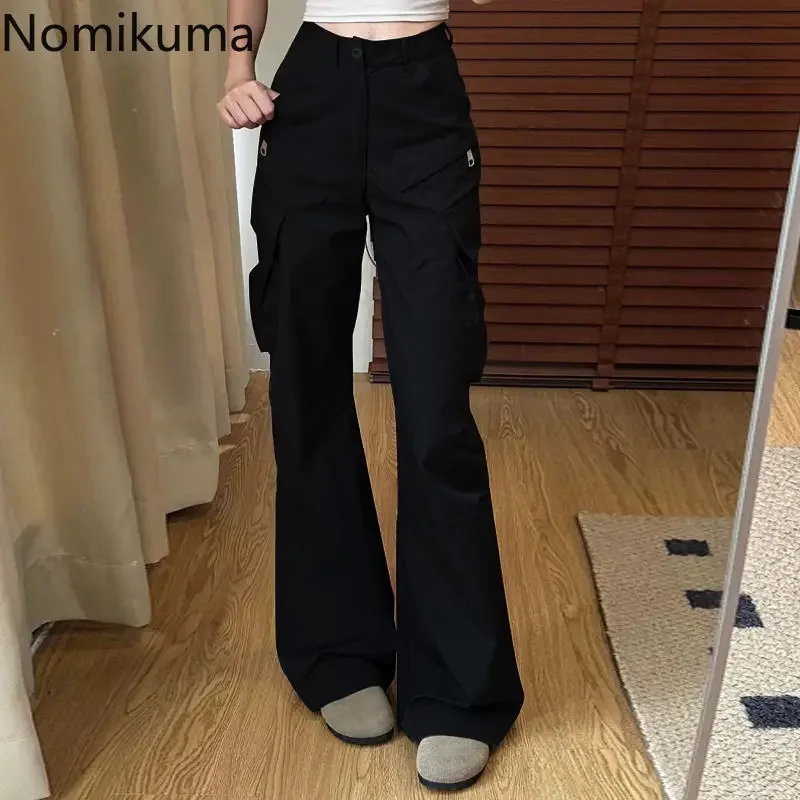 Korean Cargo Pants for Women High Waist Pockets Casual Fashion Trousers 2024 New Bottoms High Waist Black Vintage Pantalon Femme