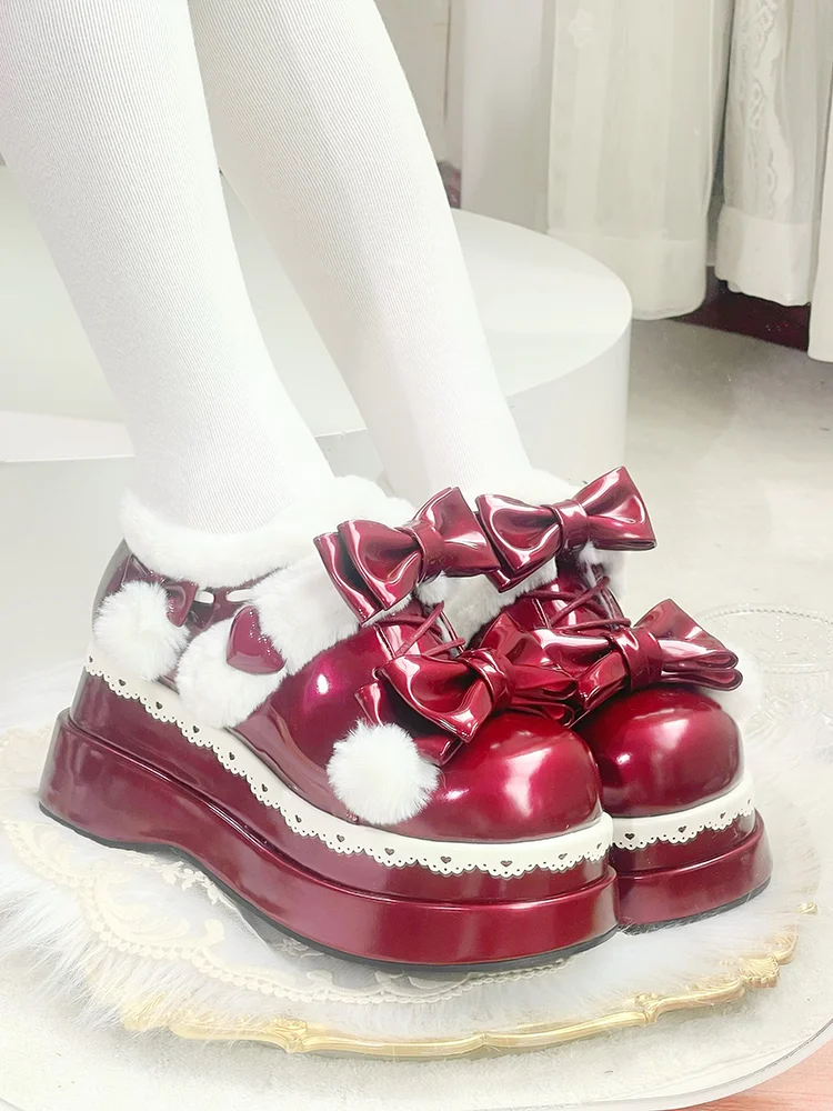 Lolita Original ความสูงเพิ่มหนา Soled ฤดูหนาว WARM Snow BOOTS,ญี่ปุ่นหวาน Loli Tea PARTY รองเท้าเดียว