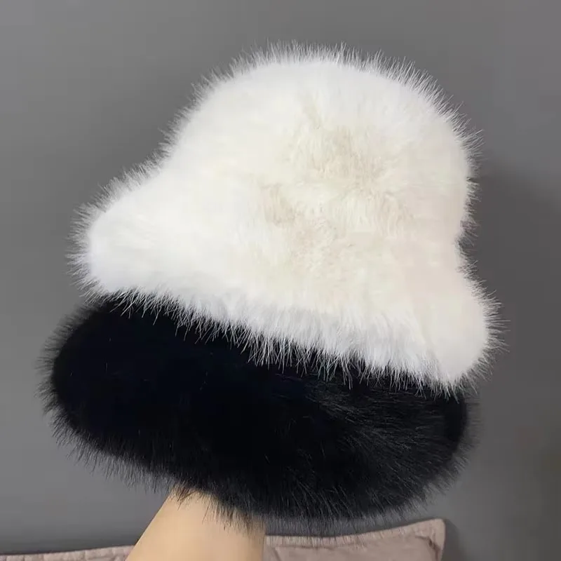 Blue Fluffy Faux Fur Bucket Hats Women Rabbit Fur Warm Thick Plush Winter Hat Y2k Grils Ins Fashion Furry Panama Fisherman Cap