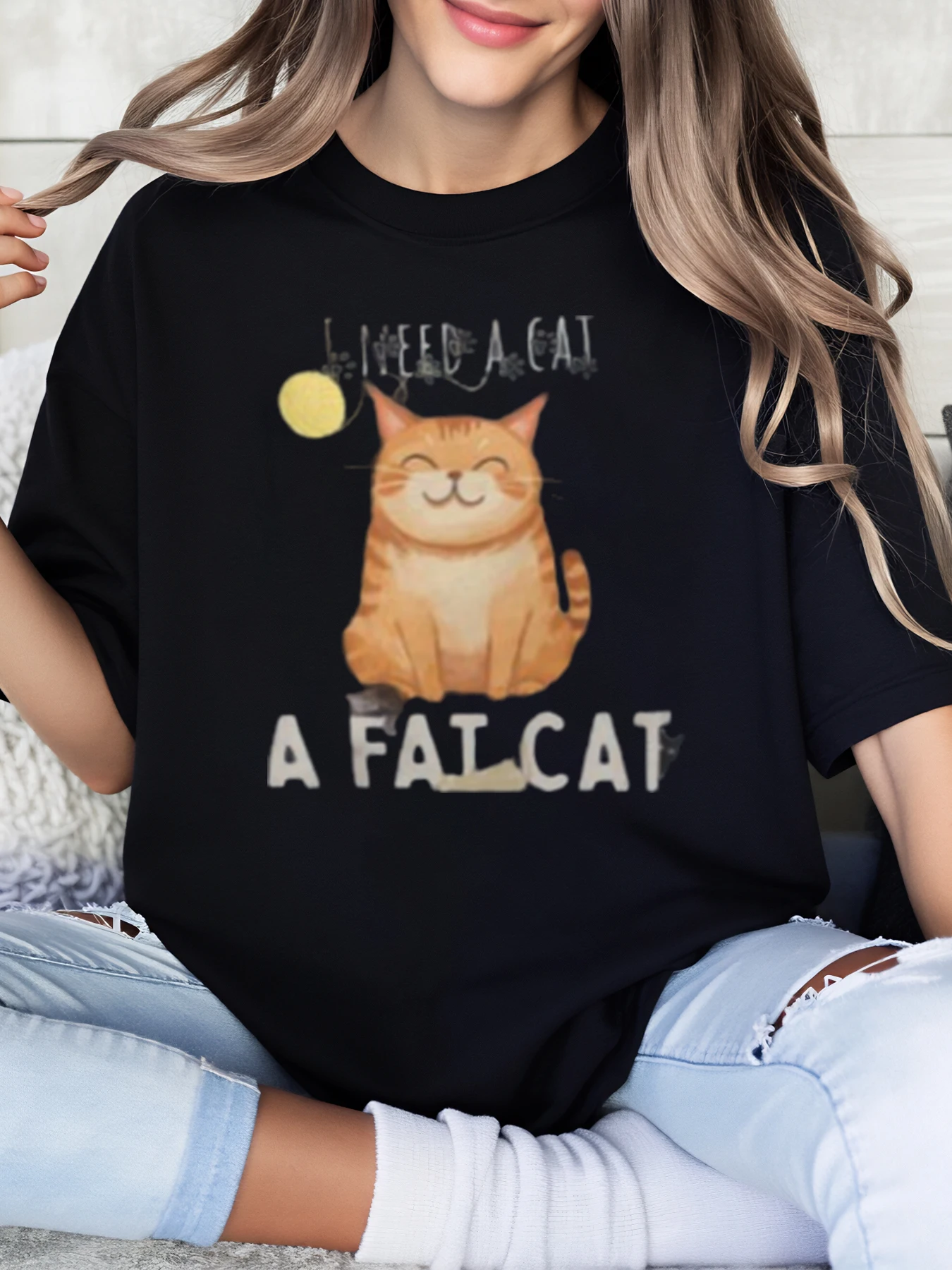 Cat and Moon Print I Need a Fat Cat Design Holiday T-Shirt Women Casual Wear Black Plus-Size