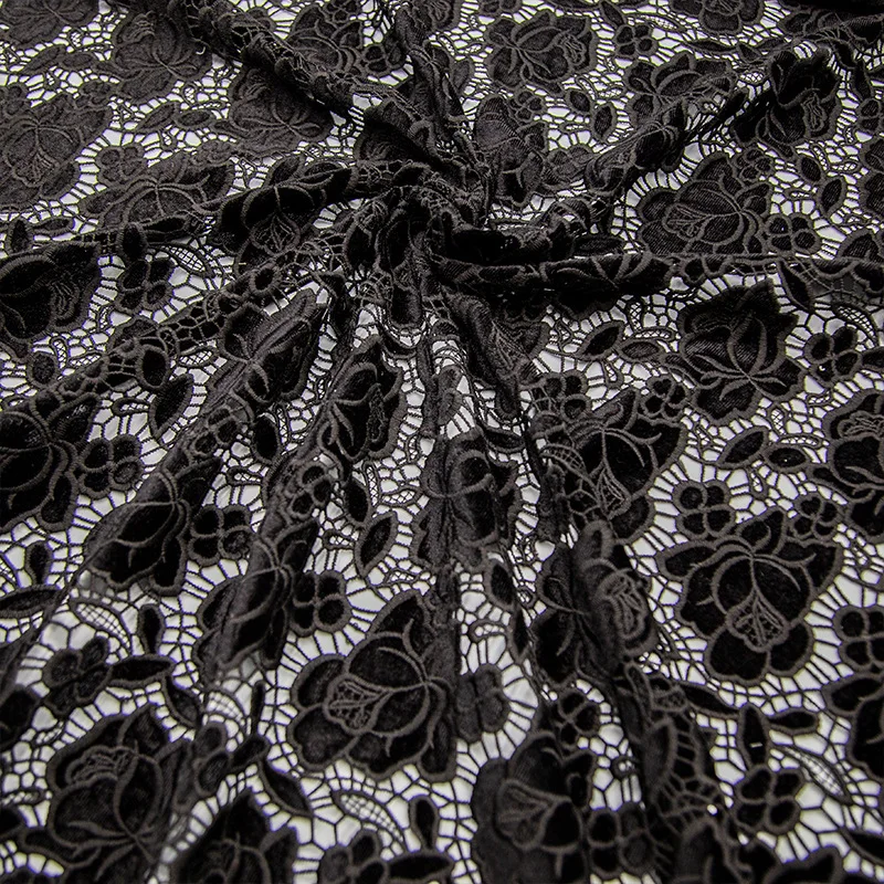 Encaje de franela rosa para mujer, bordado con láser negro, terciopelo, seda de leche, ropa de vestir, costura por 2 yardas, novedad