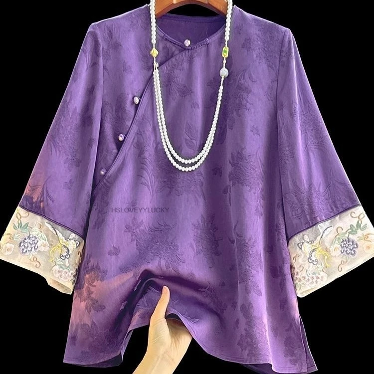 

Фиолетовая винтажная женская блузка в китайском стиле с косой планкой и пуговицами-лягушками, летняя, модифицированная, легкая, с вышивкой