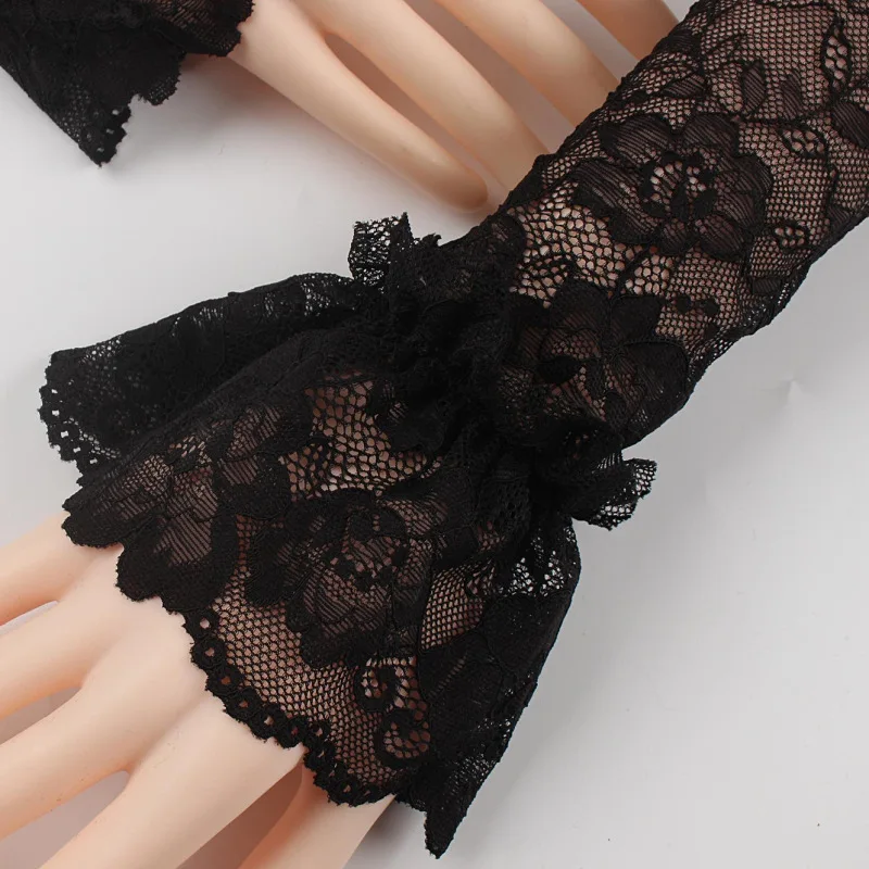 Puños de encaje para mujer, mangas cortas de brazo, puños de muñeca bordados con volantes, manga Lolita blanca/negra elegante, 1 par