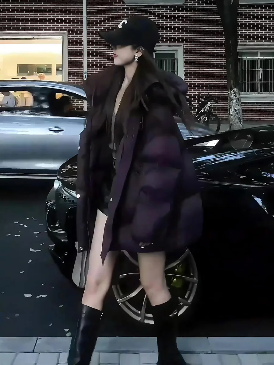 여성용 오트 퍼플 클라우드 폼다운 재킷 후드티 스탠드 칼라 겨울 따뜻한 아우터웨어 출퇴근용 슬레 두 페더