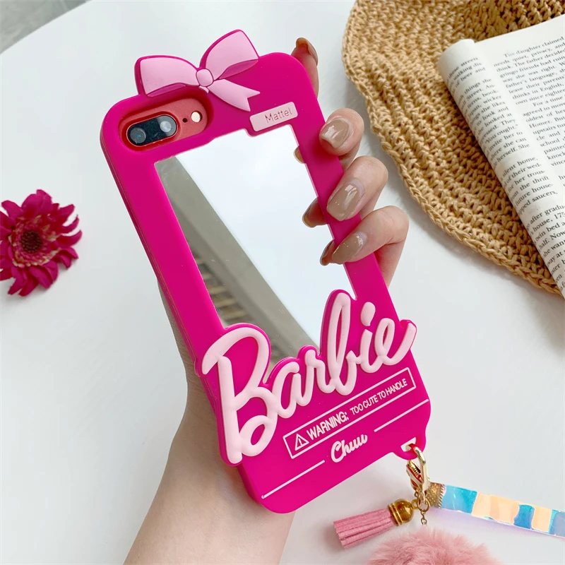 3D Barbie Soft Silicone Phone Case For iPhone 16 Pro 15 14 13 12 11 X Xr Xs Max 6s 7 8 Plus SE Mini With Mirror Pink Girl Cover