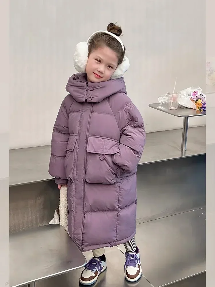 2024 New Girls\' Long Down Cotton Jacket Korean  Fashion Cotton Coat Coat Middle and Large Children\'s Hooded Casual