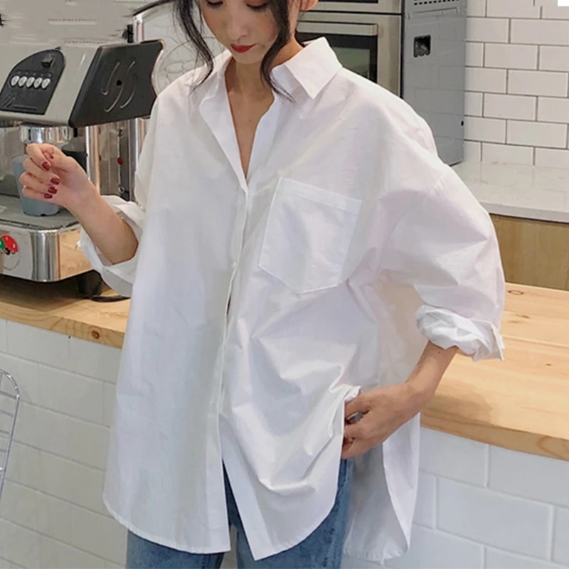 White Cotton Women Shirt 2024 Vintage Long Sleeve Tops Casual Turn-down Collar Loose Blouses 11456