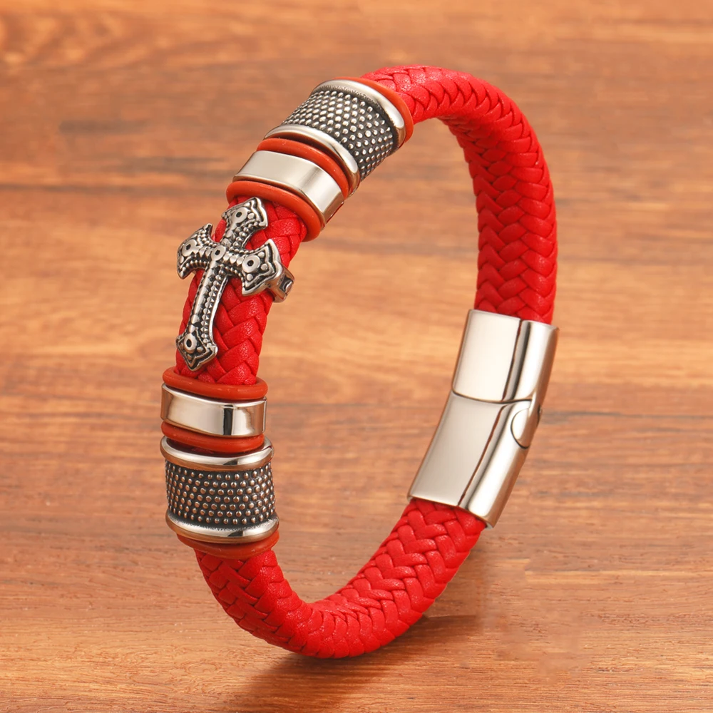 Punk Style Fashion Jewelry Hand Woven Men's Titanium Steel Cross Genuine Leather Red Bracelet Magnet Clasp Male Bangle Gift