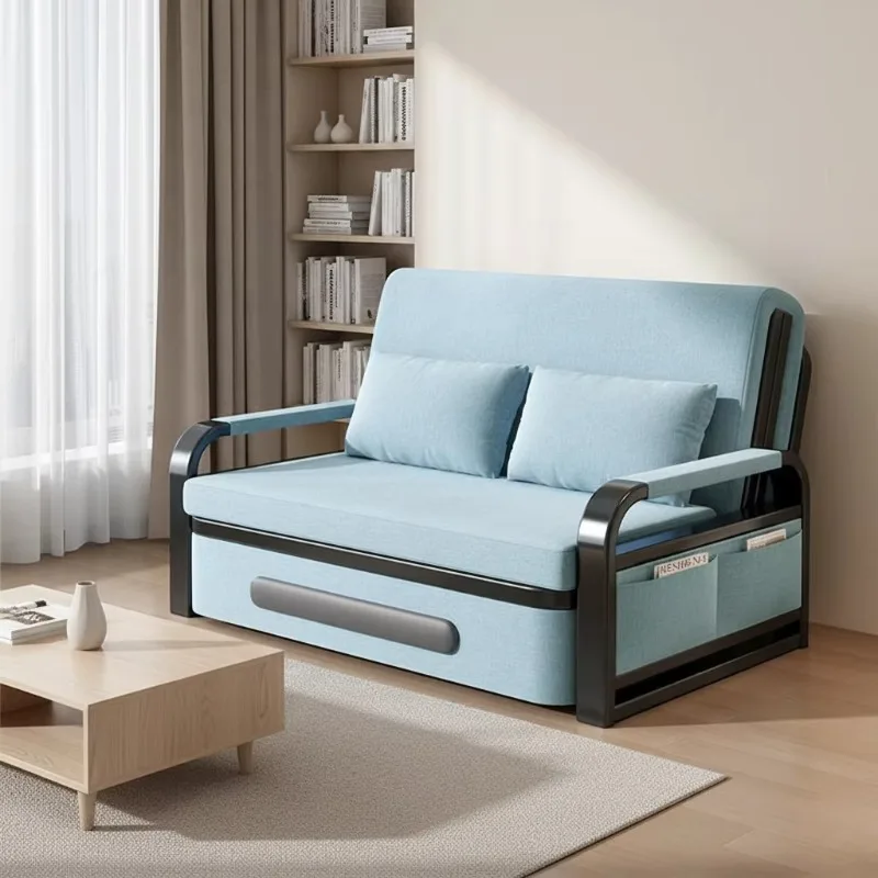 Modern Minimalist Square Compressible Sofa Bed Eco-Friendly Sturdy Metal Frame Linen Cover Pillow Back Living Room Bedroom Hotel