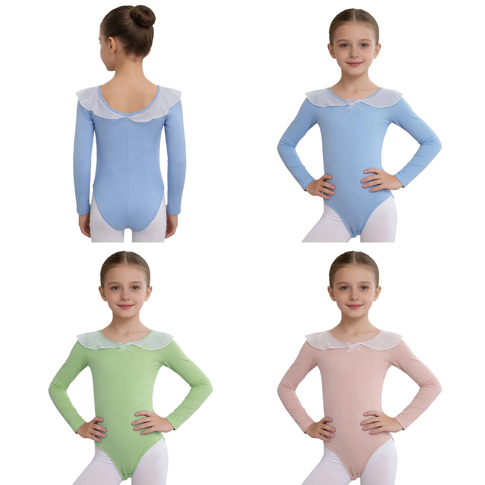 

Kids Girls Ballet Gymnastics Skating Long Sleeve Leotards Round Neck Press Button Crotch Leotard for Dance Practice Performance