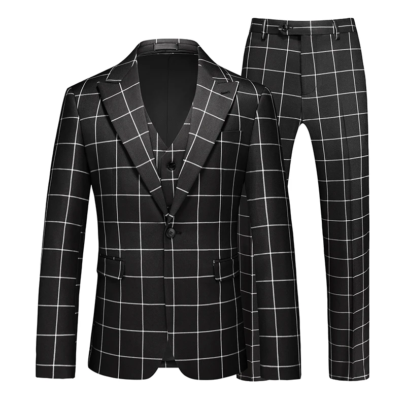 (Jacket + Pant+Vest) Luxury Men Groom Wedding Tuxedo Suits High Quality Business Plaid Clothing Fashion Prom Party Dress 3-piece