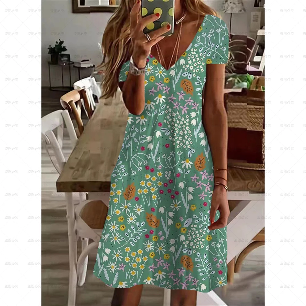 

Elegant Floral Print Women Dress Summer New Half Sleeve V Neck Casual Streetwear Vintage Beach Dress Vestidos