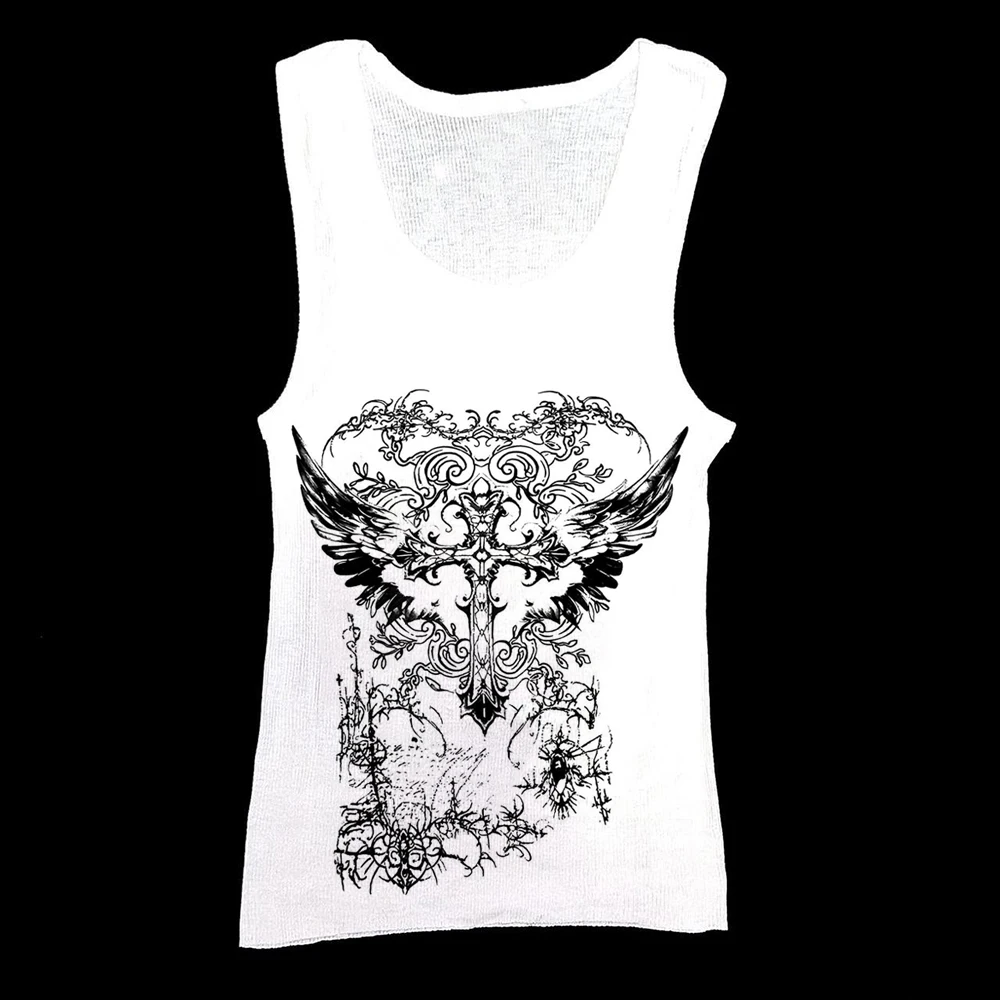 Dunkles Grunge-Damen-Langarm-T-Shirt mit Gothic-Flügel-Kreuz-Vintage-Muster, Y2K Slim Fit, weißes, kurz geschnittenes Oberteil – Detail 4