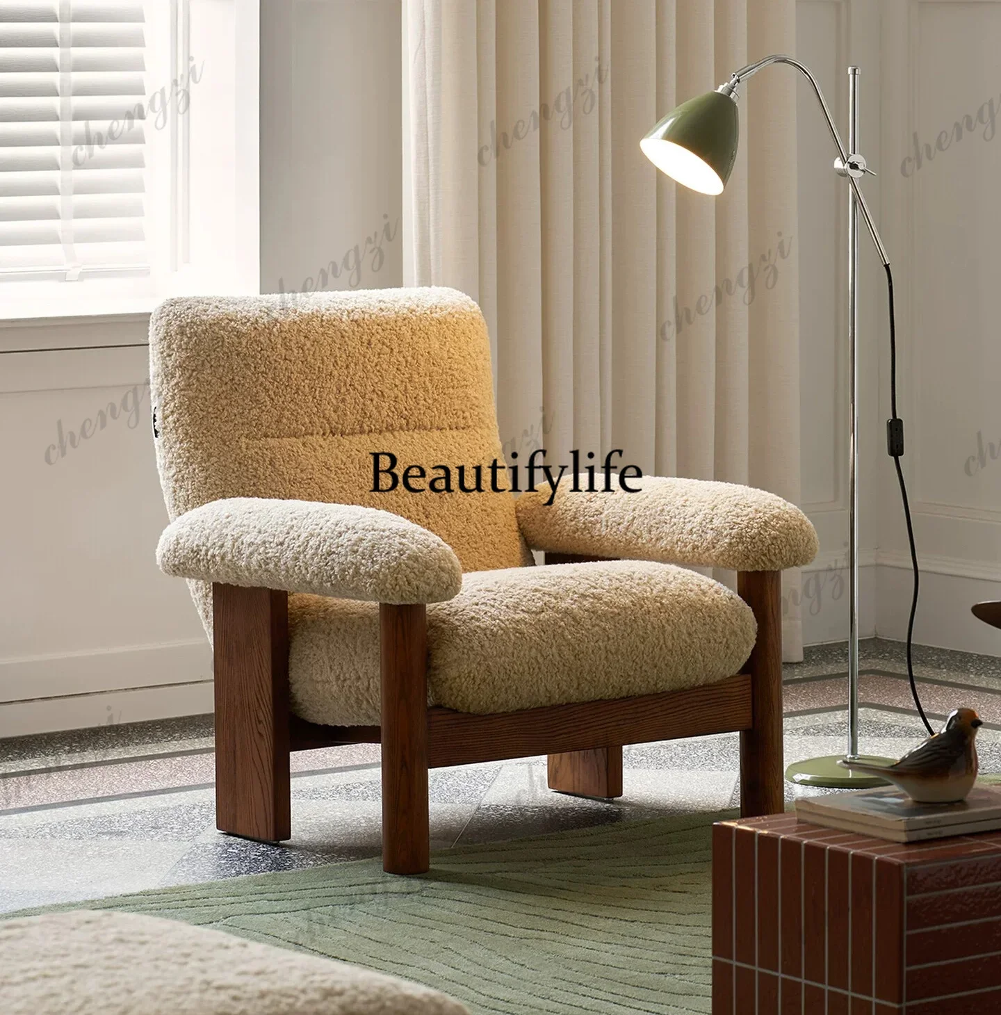 Beautiful Retro Leisure Chair French Retro Solid Wood Sofa Chair Cream Wind Lamb Fleece Single Sofa Chair