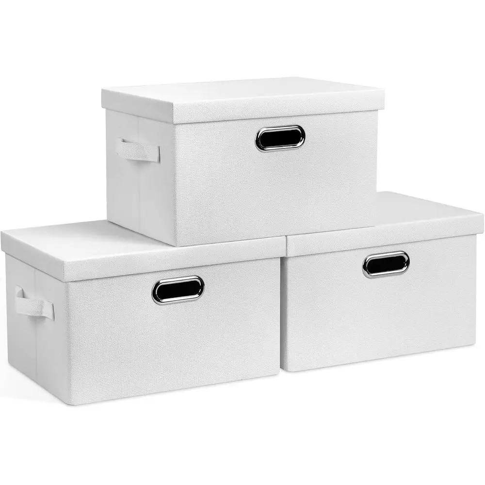 

Medium 15" 21 Quart Collapsible Stackable Storage Bins with Lids, 3 Packs White Foldable Fabric Closet Boxes Heavy-duty Linen Cu