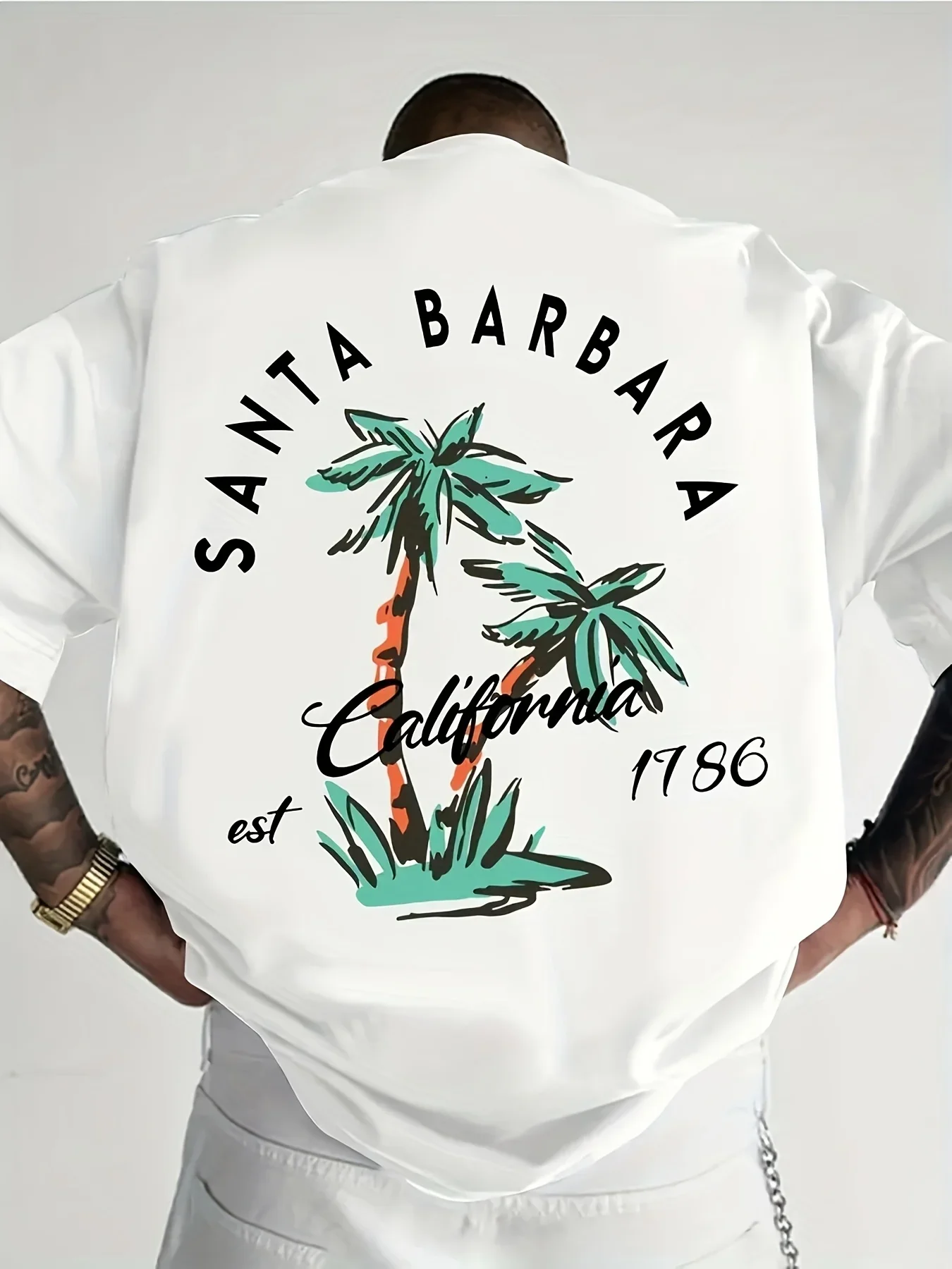 Camiseta de Hombre con Estampado de Santa Bárbara, California, Diseño Retro de Palmeras y Costa, Estilo Casual Urbano, 100% Algodón, Camiseta de Verano