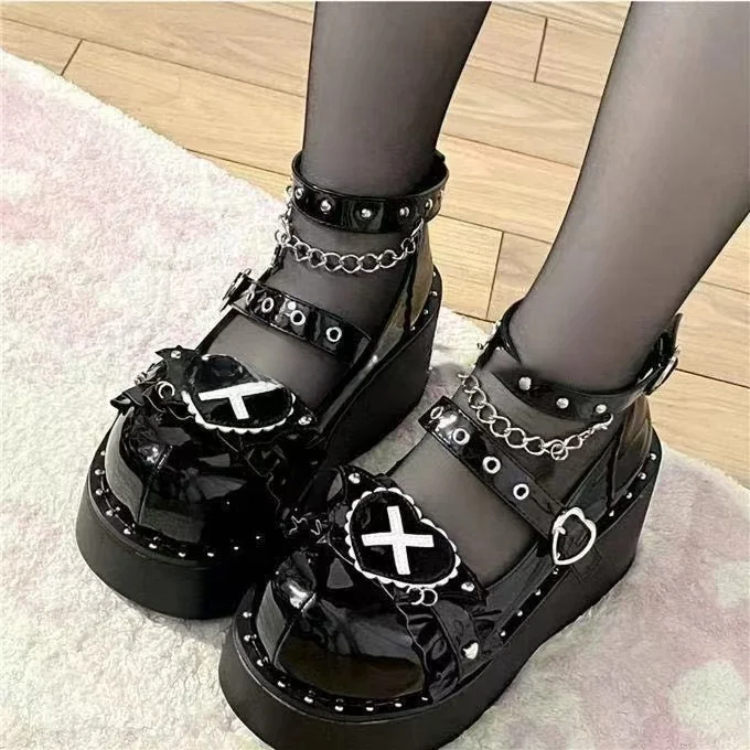 Gothic Lolita High Heel Cross Shoes round Toe Sweet Cool Lo Shoes Large Size Fashion Single Shoes for Women PU Material