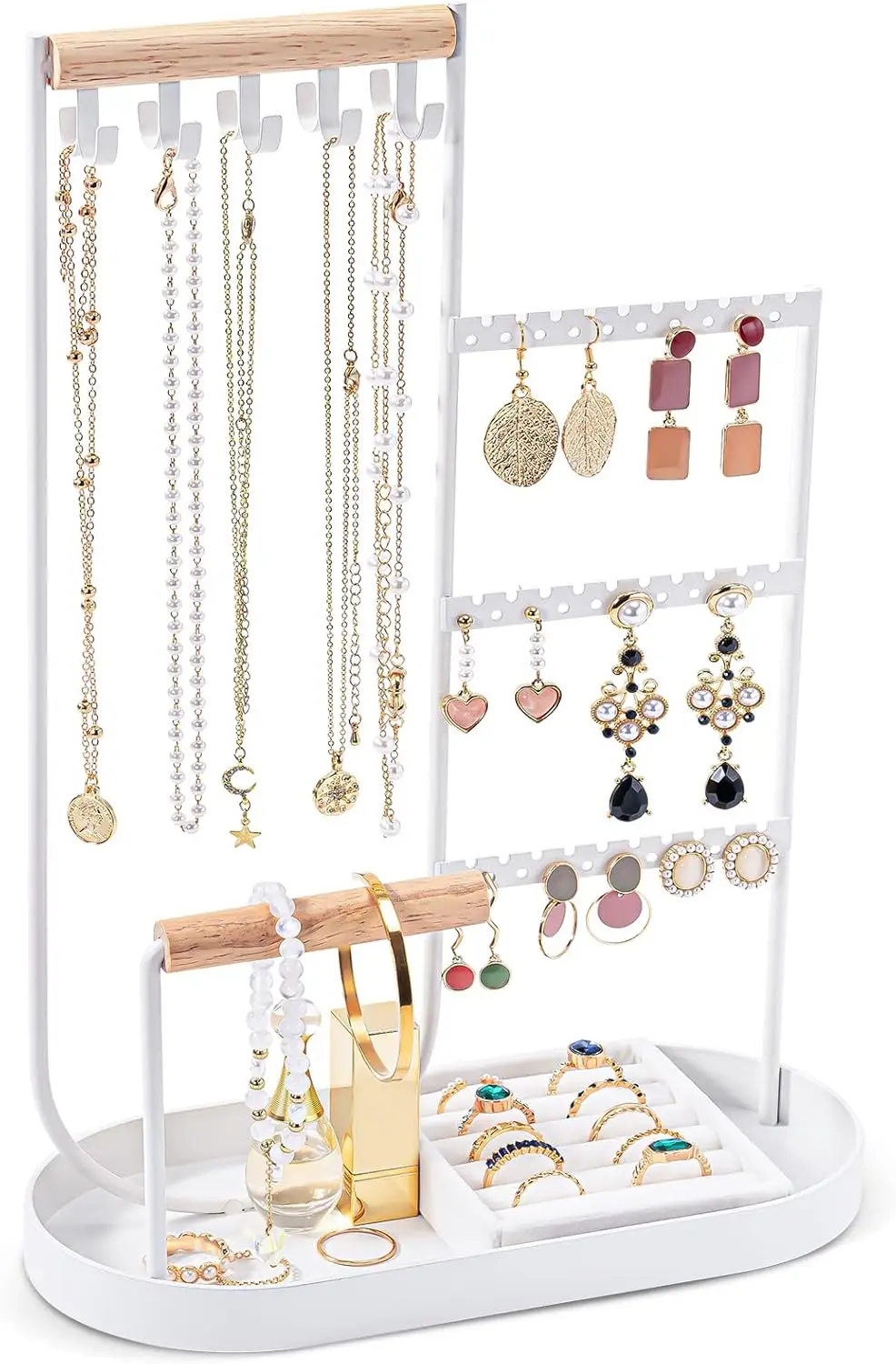 

ProCase Jewelry Organizer Tower, 10 Hooks Jewelry Storage Rack Tree Holder Stand with Velvet Ring Display Tray for Necklaces Bracelets Earrings Rings Watches -White