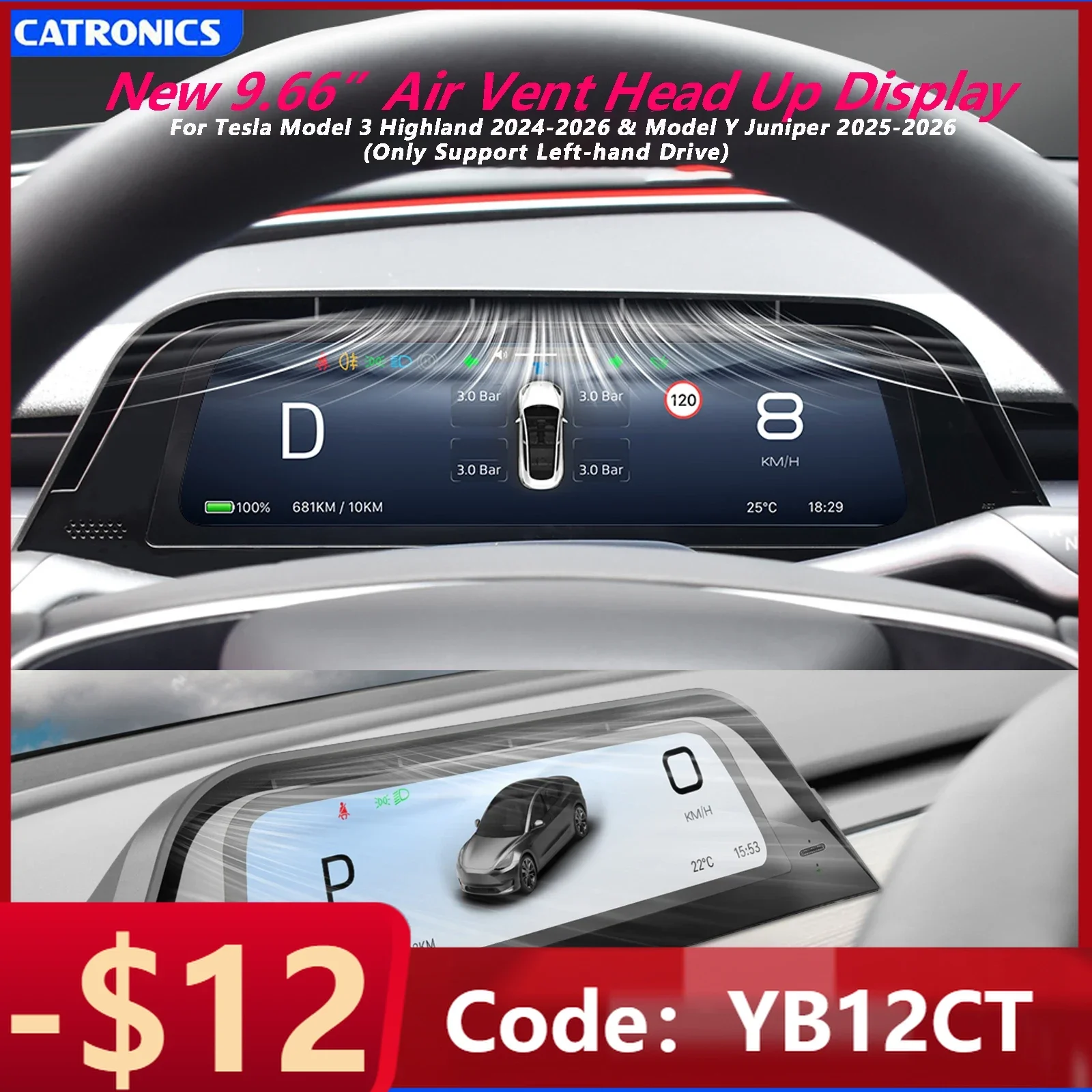 

CATRONICS New 9.6" Head Up Display for Tesla Model 3 Highland 2024-2026 & Model Y Juniper 2025-2026 Air Vent Instrument Display