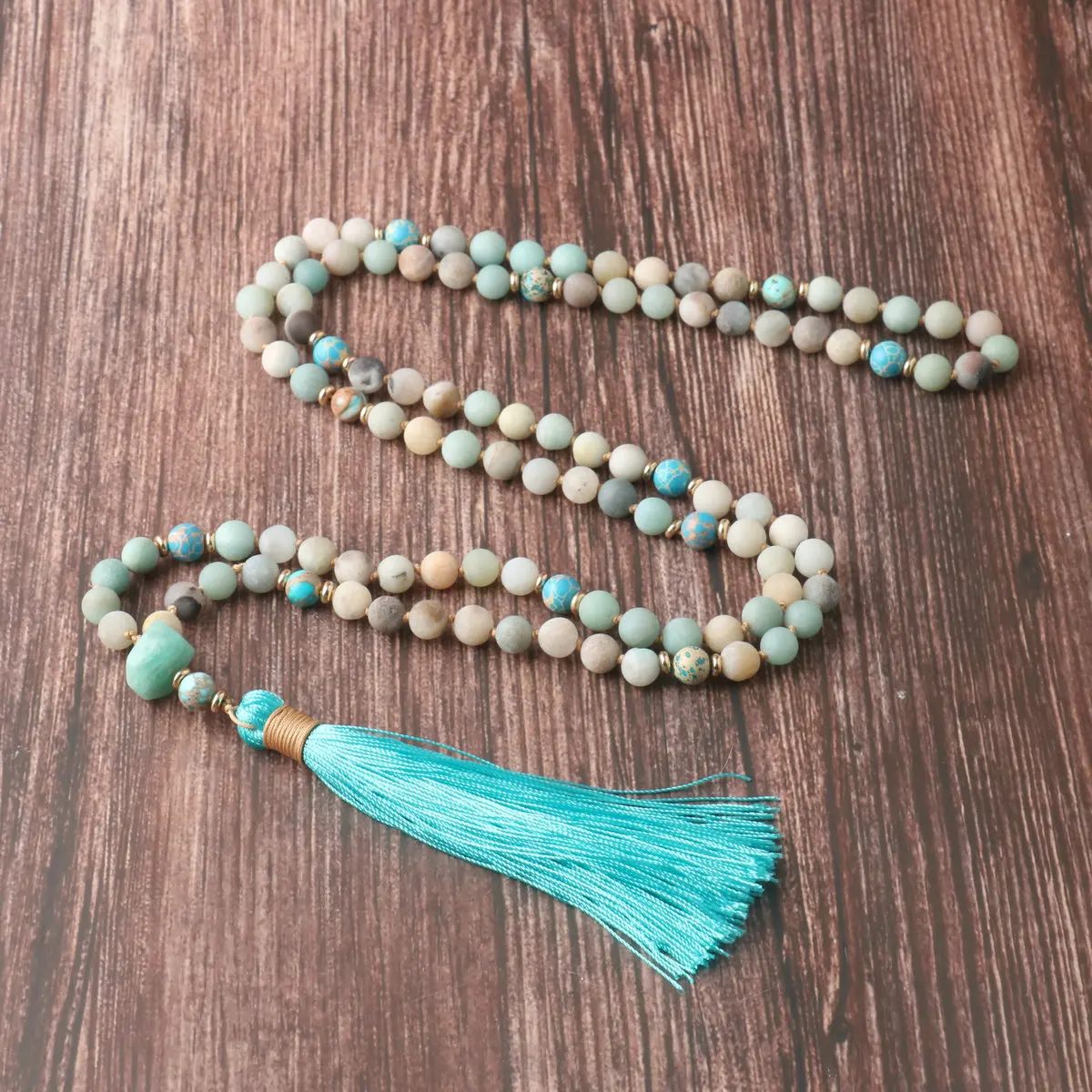 108 Japa Mala Necklace For Women Men Natural Stone Amazonite Beads Tassel Yoga Energy Meditation Necklace Blessing Jewelry