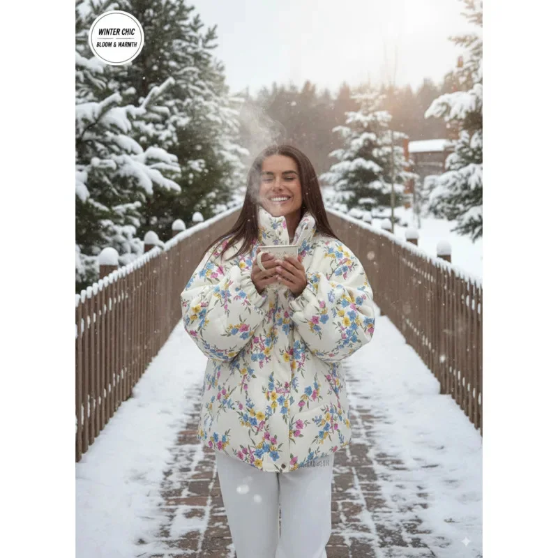 Floral Padded Puffer Jacket For Women's Winter Fashion Oversized Design Stand Collar Warm Zip Up Outerwear Street Style Look New
