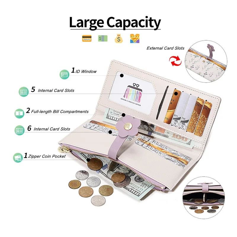 

Новый длинный кошелек для женщин в корейском стиле с цветочным принтом, студенческий, свежий, с отделением для мелочи, держатель для карт, из полиуретана, легкий, износостойкий