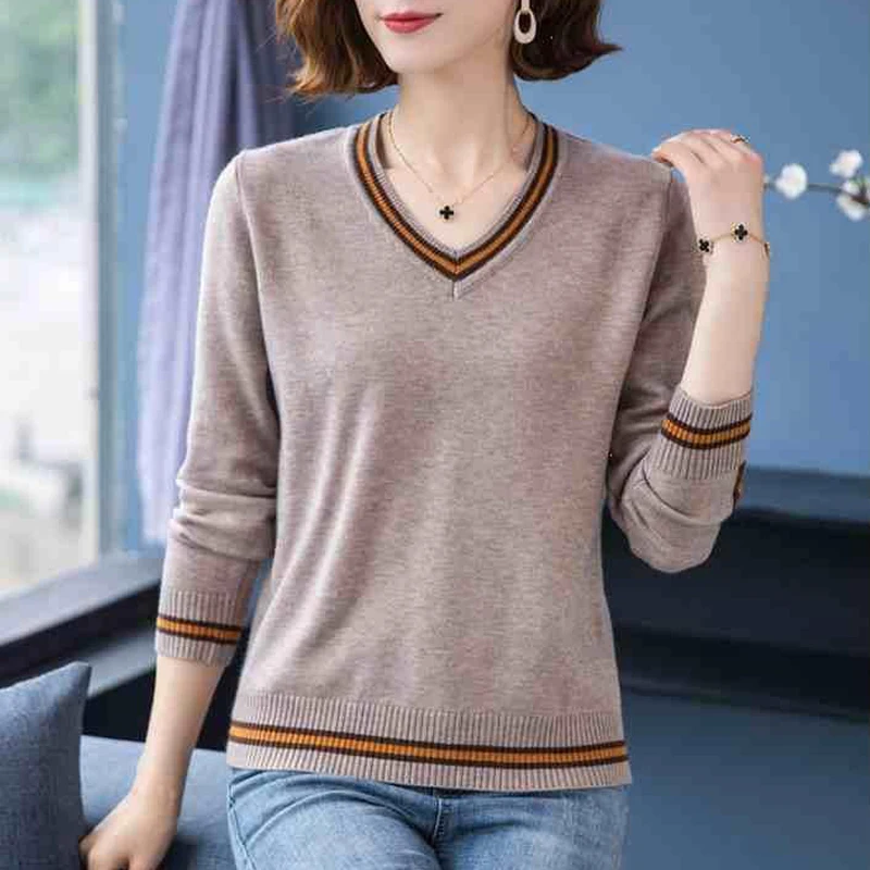Women Korean Fashion Striped Patchwork Knitted Sweater Spring Autumn Casual V Neck Long Sleeve Pullover Tops Female Loose Jumper