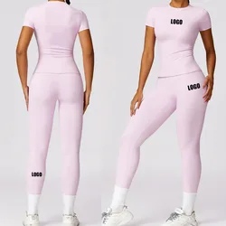 Custom LOGO short sleeves ropa deportiva mujer workout wear suit women sportswear set activewear high waist fitness yoga sets