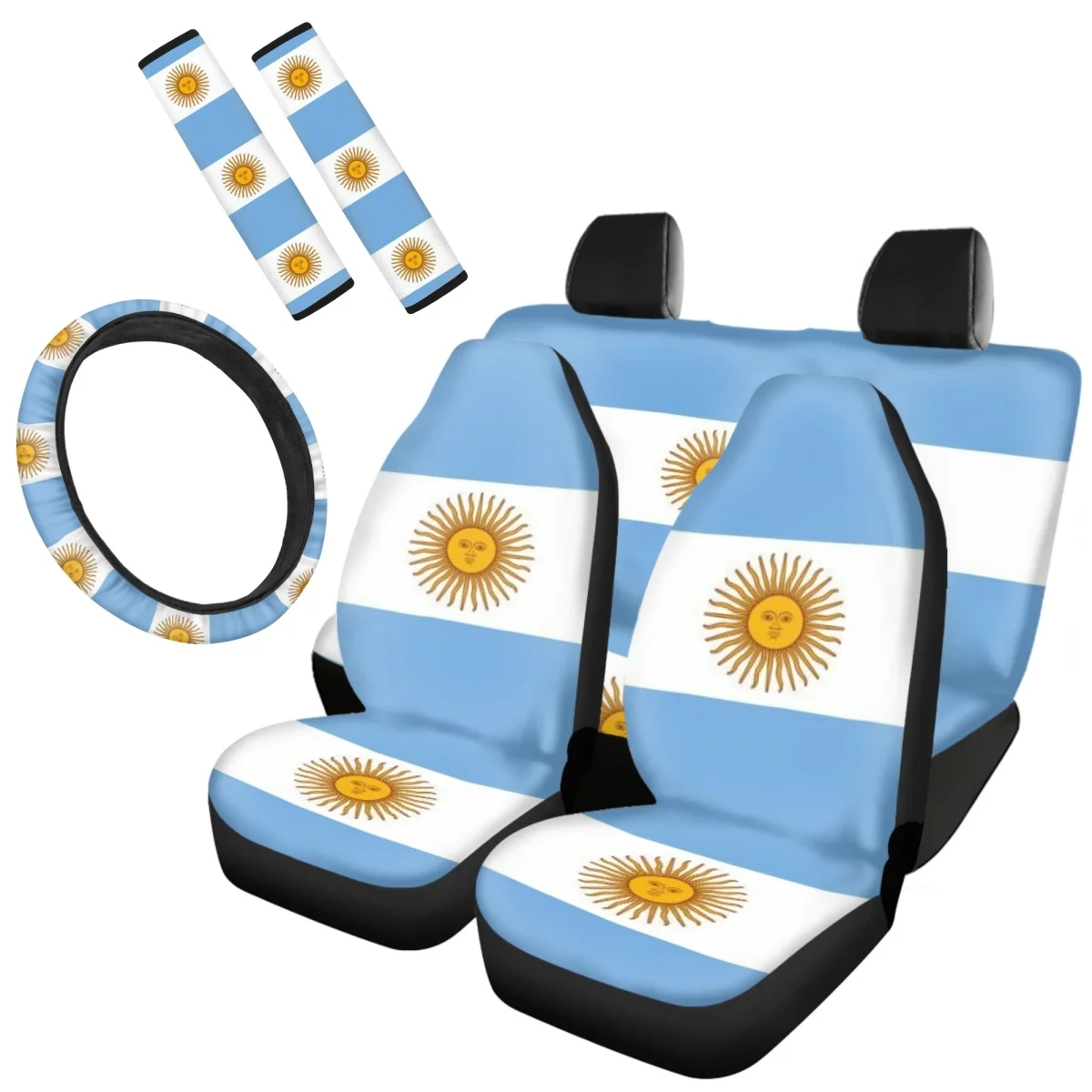 

Fashion Argentina Flag Printed Front and Back Car Seat Covers Universal Durable Steering Wheel Cover 7pcs Set Seatbelt Covers