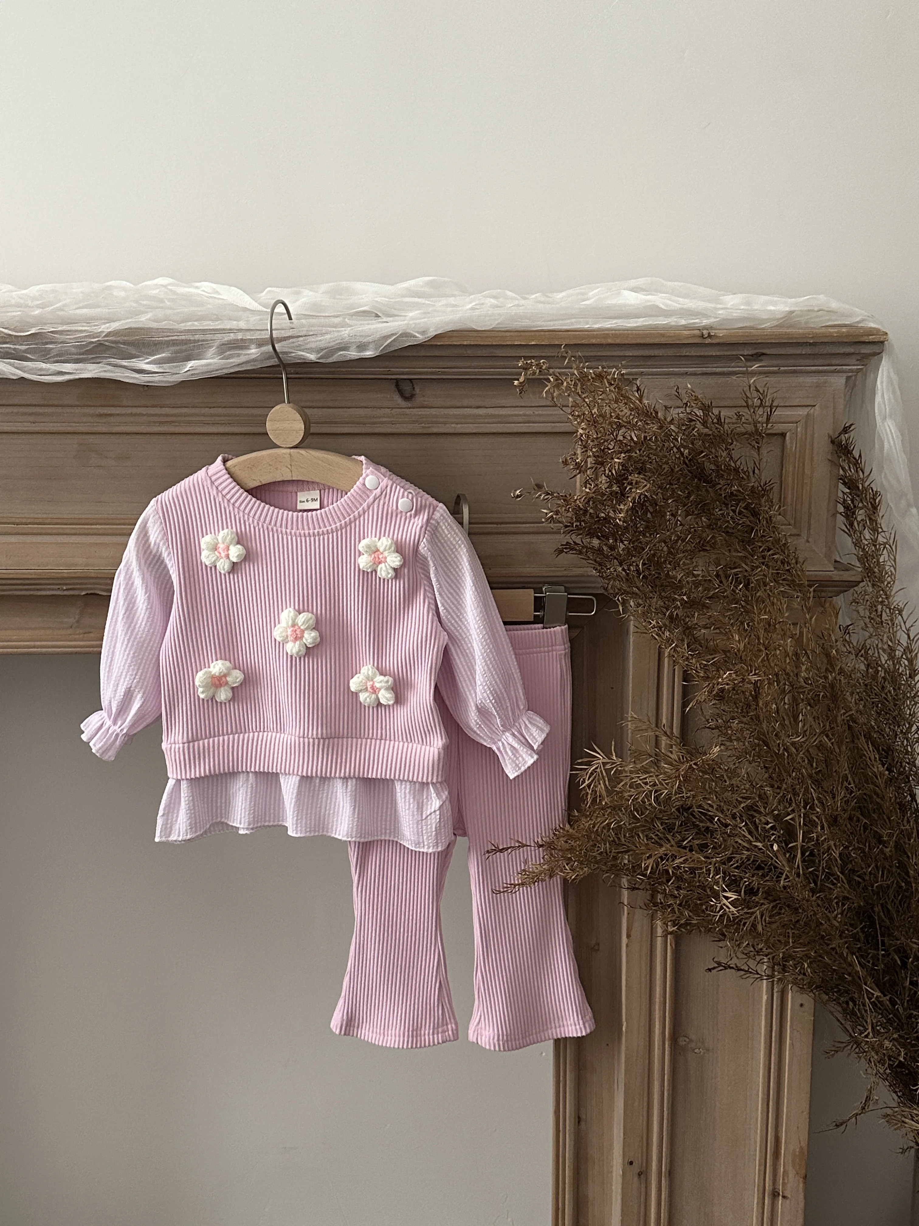 Spring Autumn Baby Girls Korean Crochet Flower Ribbed Set, Shoulder Snap Fake Two Layer Stretch Flare Pants Outdoor Suit