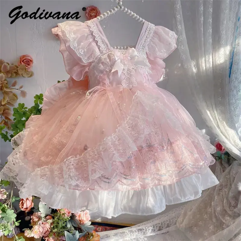 

Sweet Baby Girls Summer New Pink Lolita Princess Dress Kids Tulle Ruffle Trim Feifei Sleeve Bow Birthday Performance Ball Gown