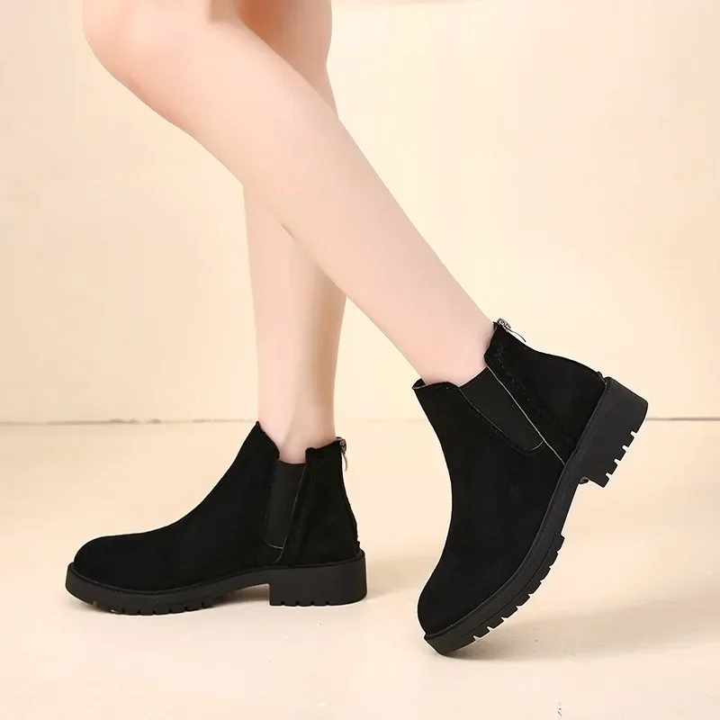 Female Shoes on Sale 2024 New Zipper Women's Boots Autumn Round Toe Suede Solid Short Barrel Low Heels Large Size Naked Boots