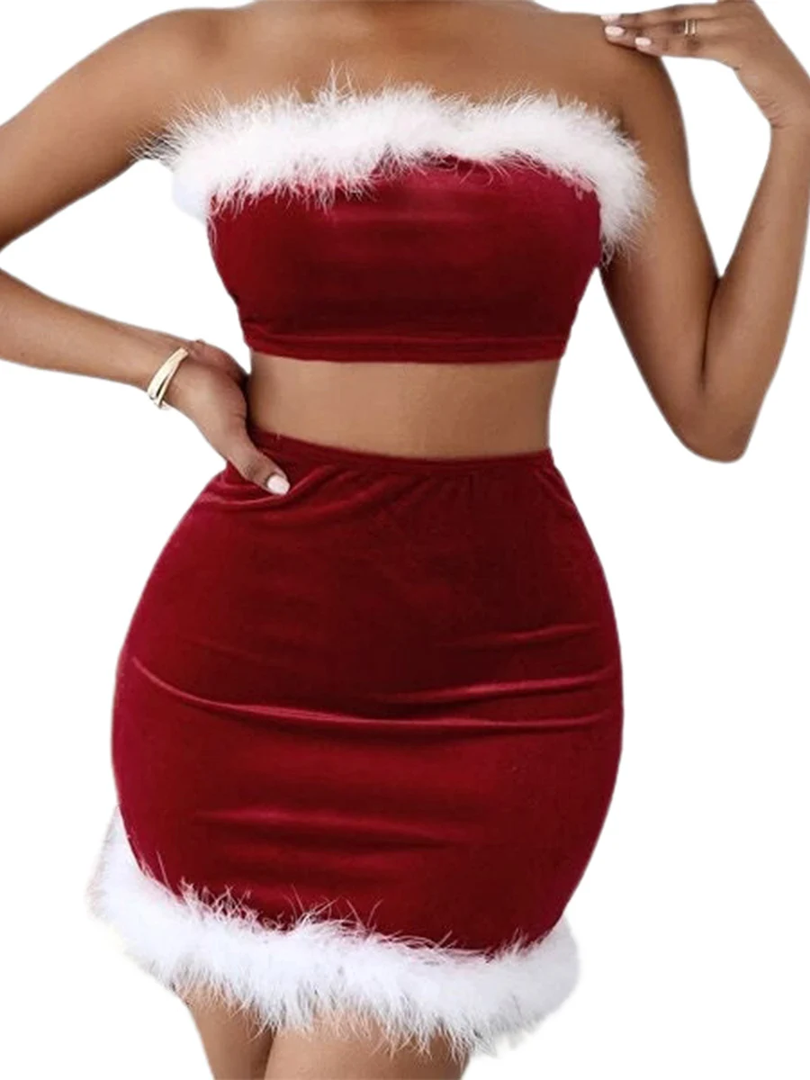 Women s Christmas Skirt Outfits Contrast Color Crop Tube Tops Bodycon Mini Skirt Lingerie