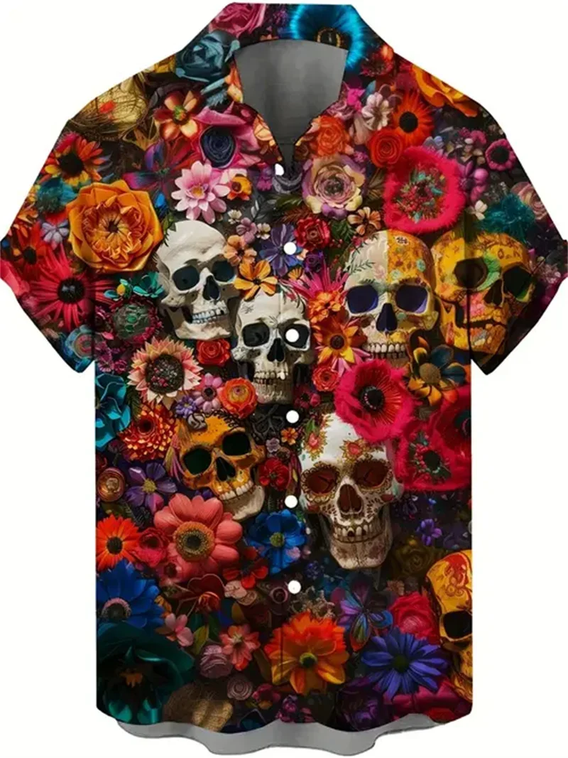 2024 Fashion Short sleeved Autumn Men's Clothing Hawaii Street Play Premium Printed Shirt Loose and Comfortable Flower Skull