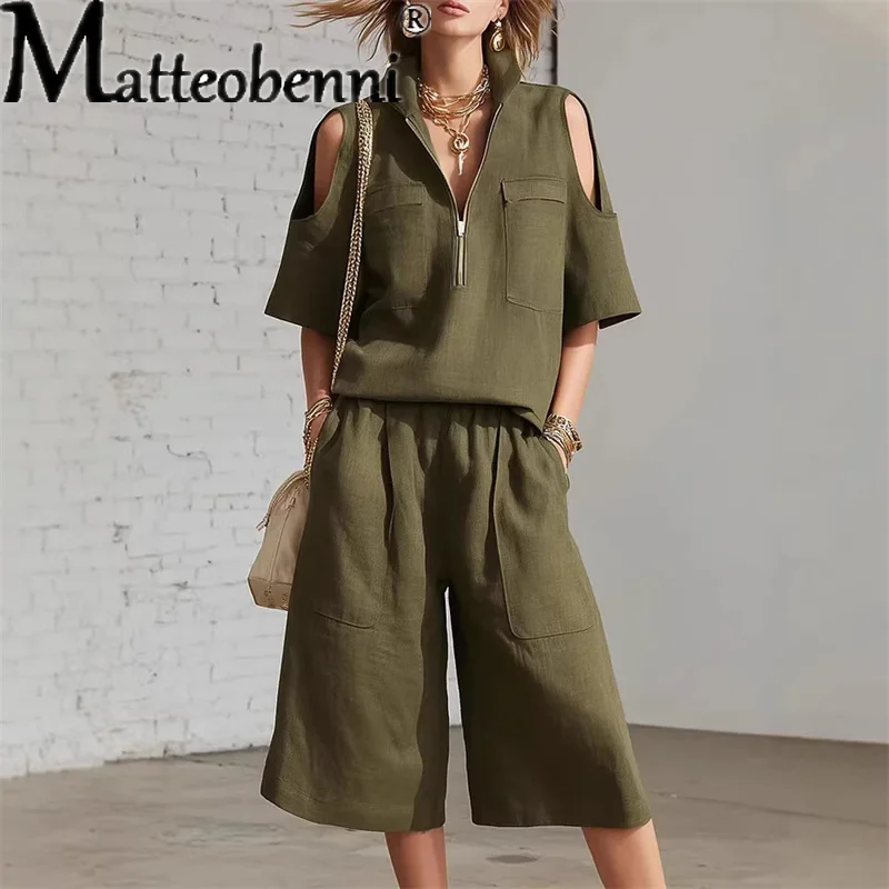 

2026 Summer Women Cut Out Shoulder 2 Piece Set Casual Loose Zip Collar Shirt And Capri Pants Solid Color Beach Matching Outfit